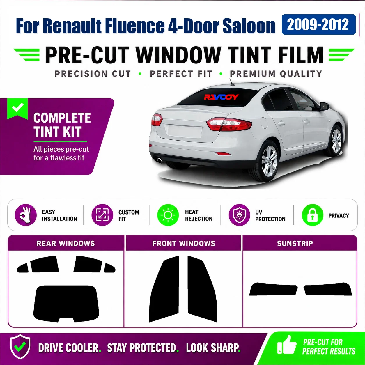 For Renault Fluence 4-Door Saloon 2009-2012 Tinted Complete Window Privacy Tint Film RAVOOY Heat Reject