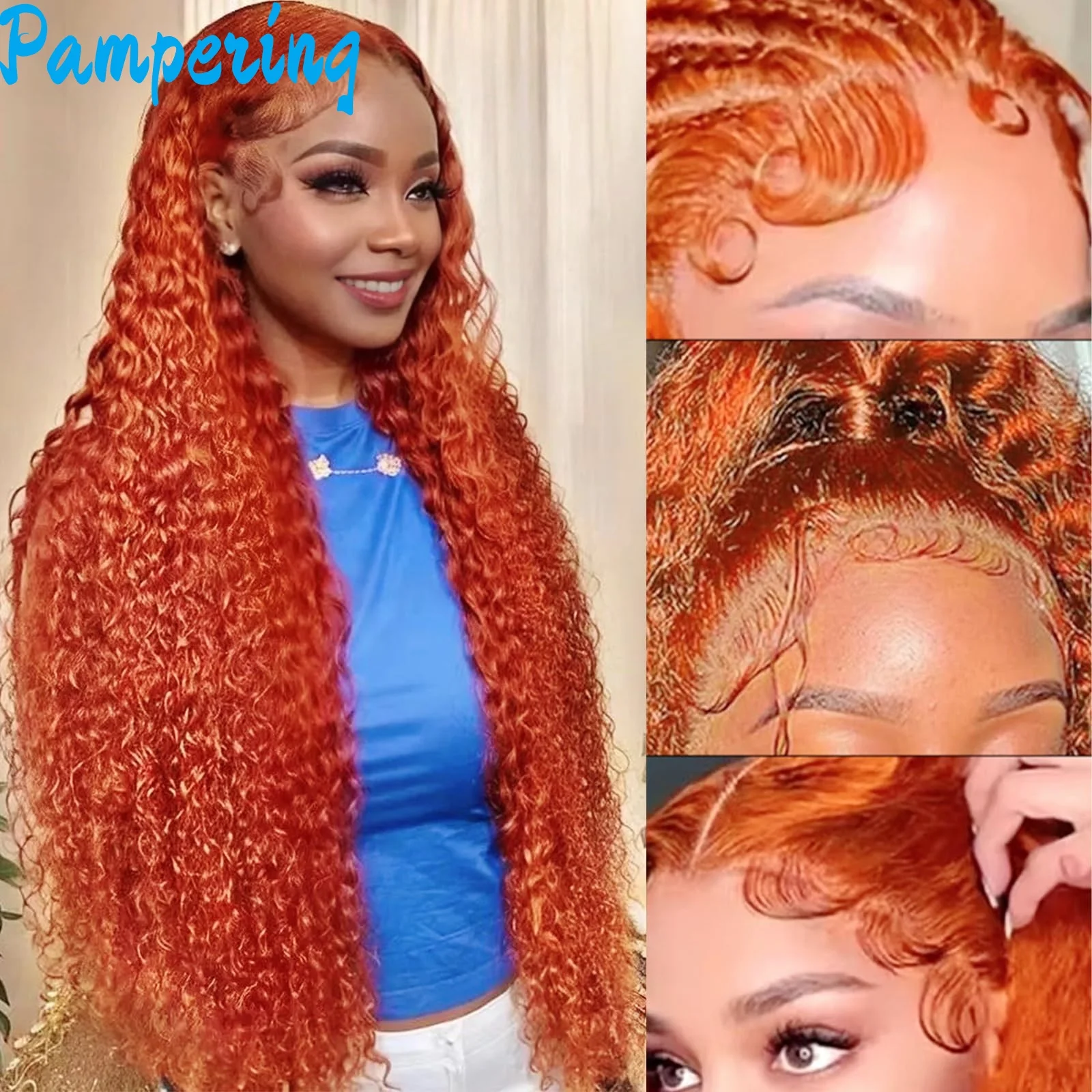 

PampeGinger Orange Water Wave #350 Colored 13x6 13x4 Transparent Lace Front Wig Human Hair for Women Deep Curly Wigs