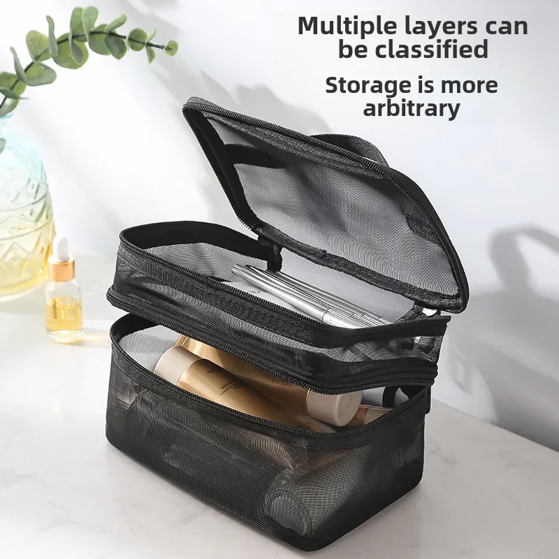 New Mesh Cosmetic Bag, Travel Cosmetics Storage Bag, Large Capacity Double Layer Transparent Mesh Wash Bag, LOGO