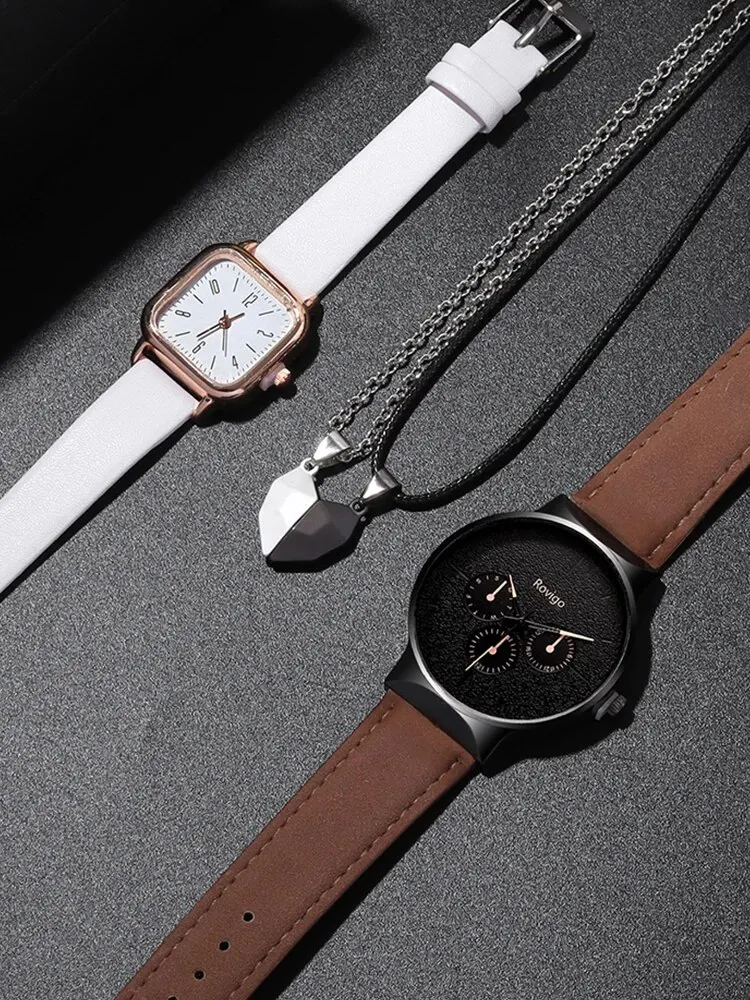 4pcs Fashion Versatile Creative Personality Men and Women Couple Watch Love Pendant Necklace Combination Set Quartz Watch