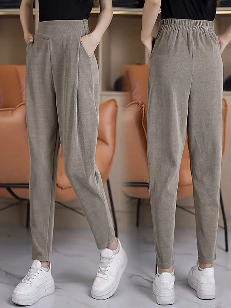 Casual harembroek voor dames, hoge taille, Europees katoenfluweel, slim fit, herfst, nieuw, Sle Commute Sle ket Detail