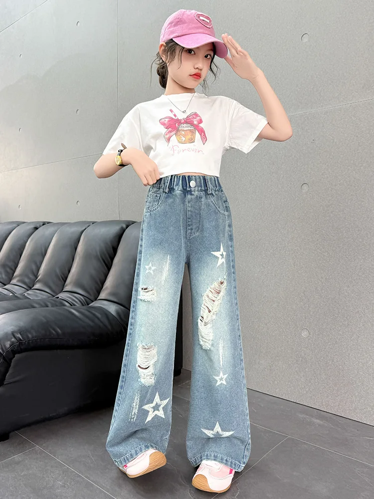 

2025 Summer New Kids Jeans T-shirt 2 Pieces Clothing Set for Girl Stylish Streetwear Outfit Children Fashion jeans Crop Top Suit