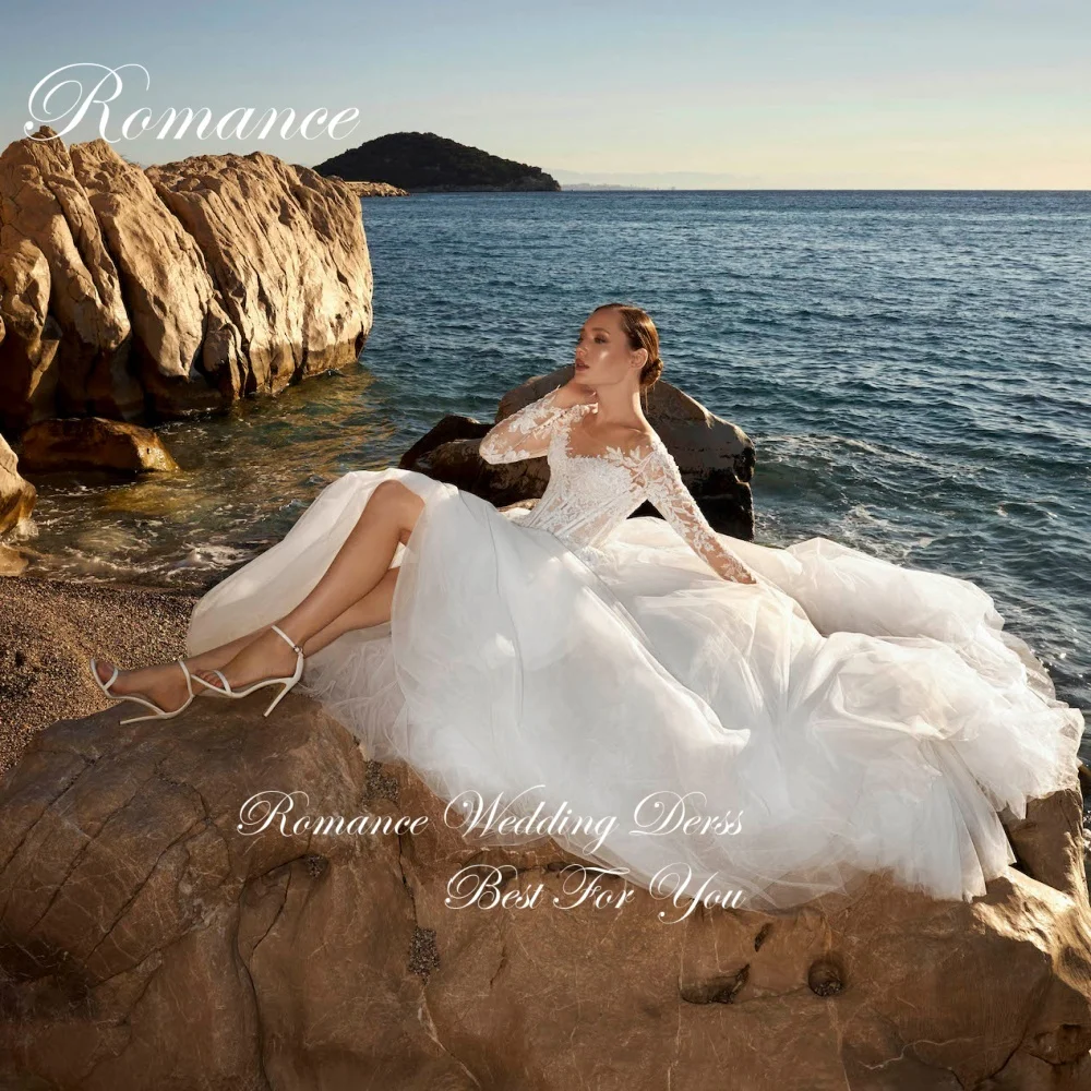 우아한 긴 소매 레이스 아플리케 A라인 웨딩 드레스 여성용 V넥 비딩 일루전 백 튤 베스티도스 데 노비아 맞춤 제작