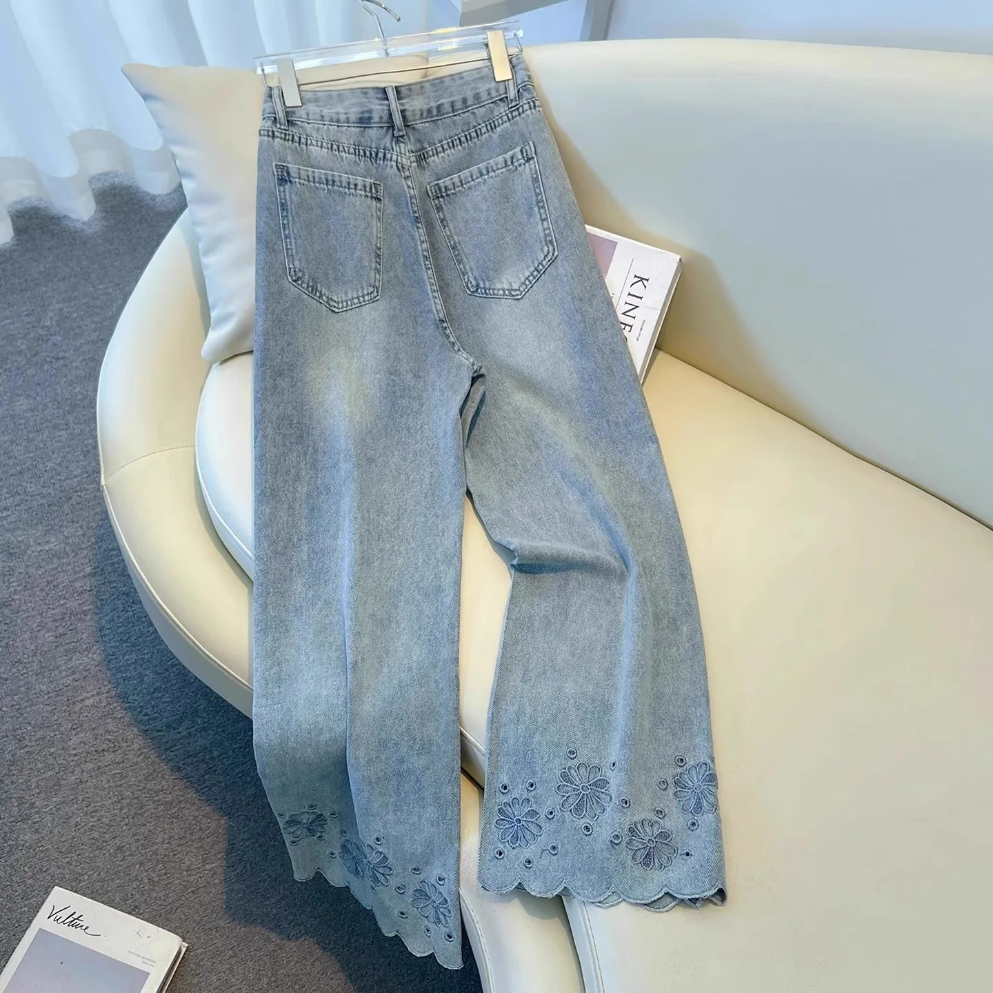 Damskie jeansy z szerokimi nogawkami, wzorzyste, streetwearowe, sprane, z wysokim stanem, proste spodnie z kieszeniami, vintage, długość do kostek, jesienne.