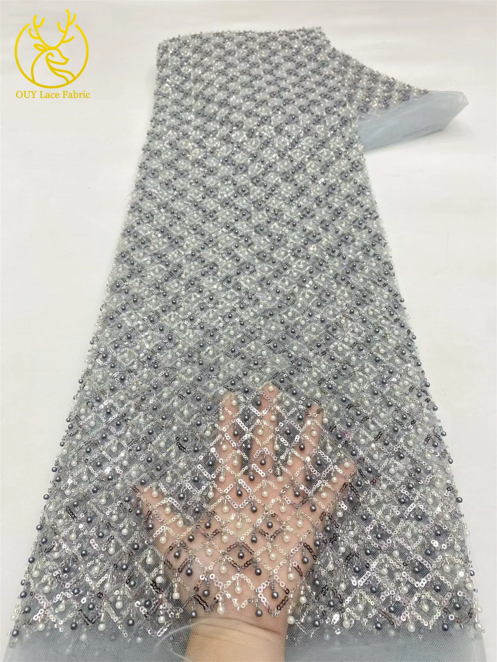 Olivgrüner afrikanischer Spitzenstoff, französischer Mesh-Spitzenstoff mit Pailletten und Perlen, Tüll-Mesh-Spitzenstoff für Damen, Hochzeitsfeier, Abendkleid, Nähen – Detail 12