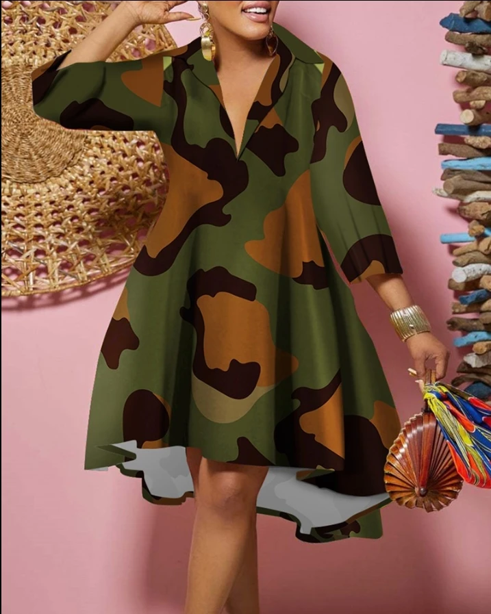

Dresses for Women 2023 Autumn Plus Size Camouflage Print Long Sleeve Casual Daily Shirt Dress