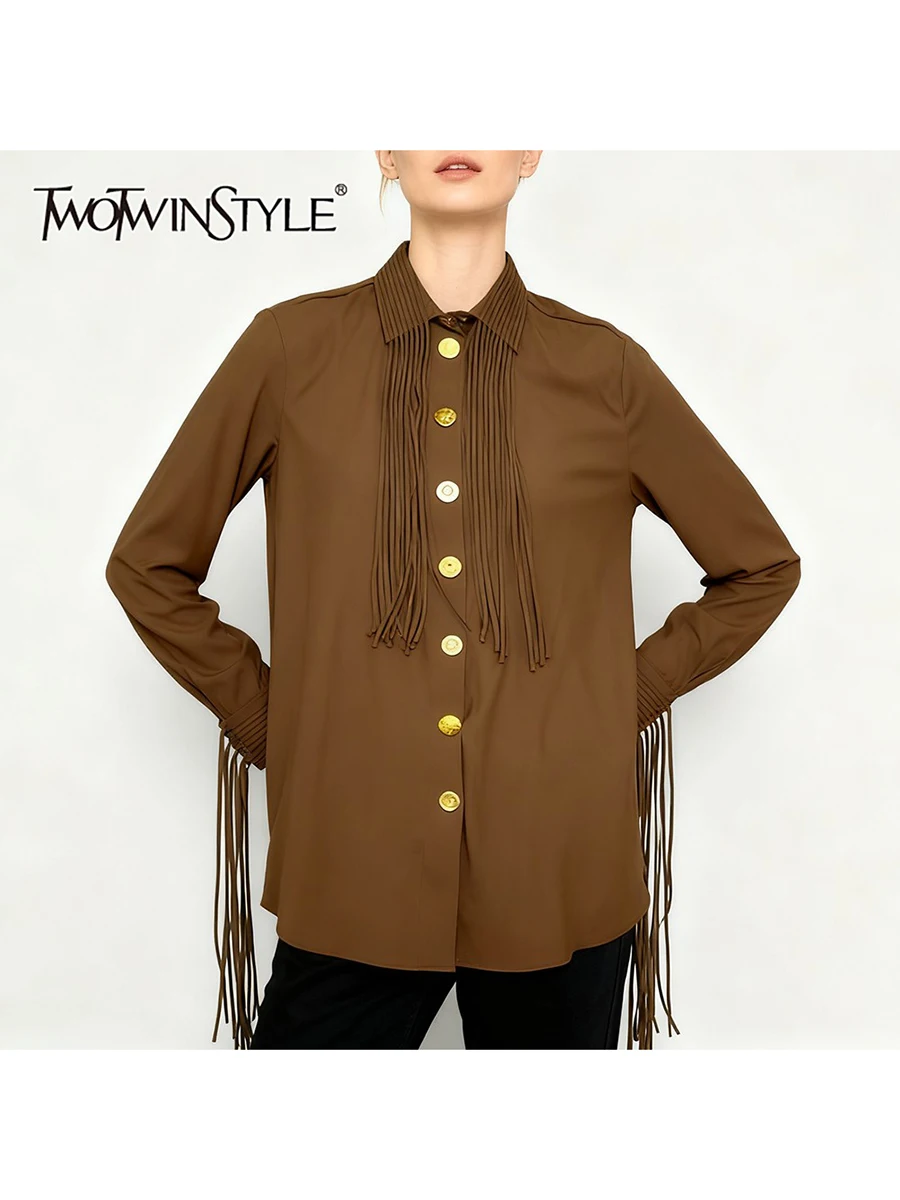 

TWOTWINSTYLE Solid Spliced Tassels Vintage Shirts for Women Lapel Long Sleeves Patchwork Metal Buttons Shirt Female Clothing New