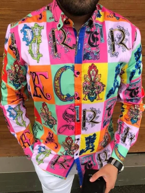 

Men's Long Sve Printed irt Patterned Floral Design Casual Sle Polyester Fiber Autumn Season Regular Fit Collar