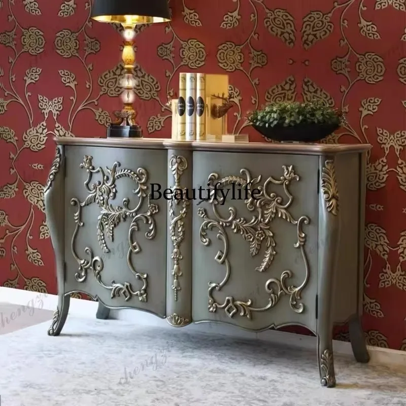 Z138 French retro entrance cabinet, solid wood carving, old wall cabinet, neoclassical medieval storage, dining side cabinet