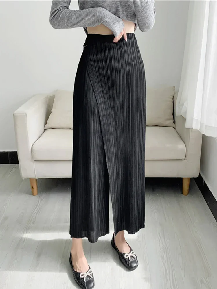 

Pleats Women Pleated Solid Color Ankle-length Pants Elastic Waist Wide Leg Straight Female Trsouser Loose 2024 Summer Clothing