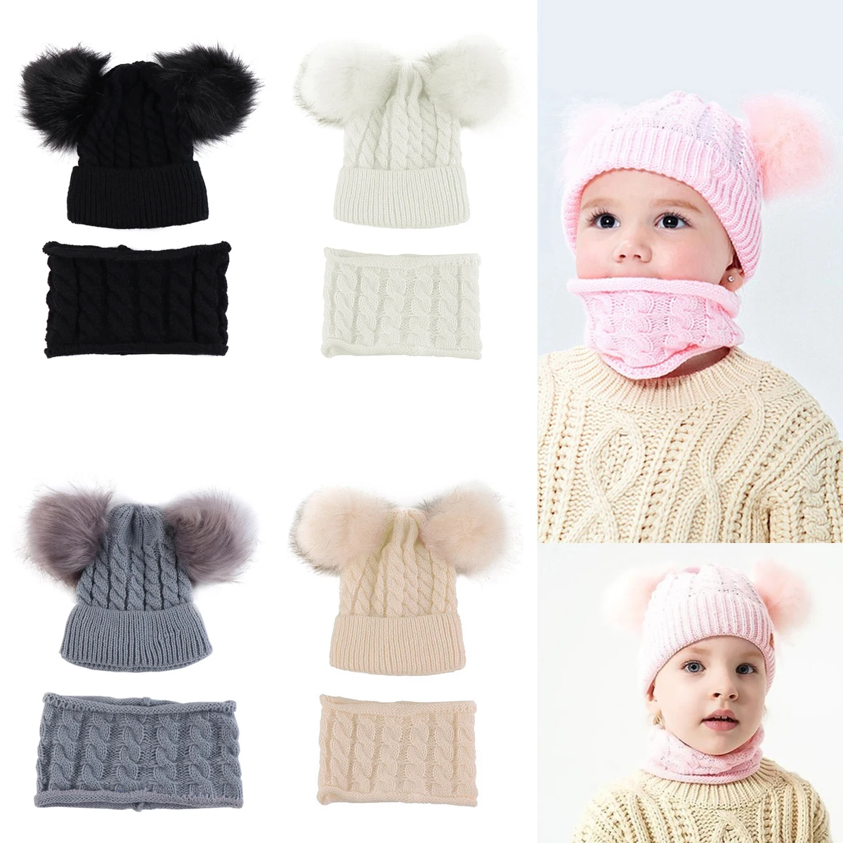 

Children's Wool Cap Imitation Raccoon Fur Double Ball Hat Scarf Set New Knitted Hat Boys Girls Pom Pom or Beanies Knitting