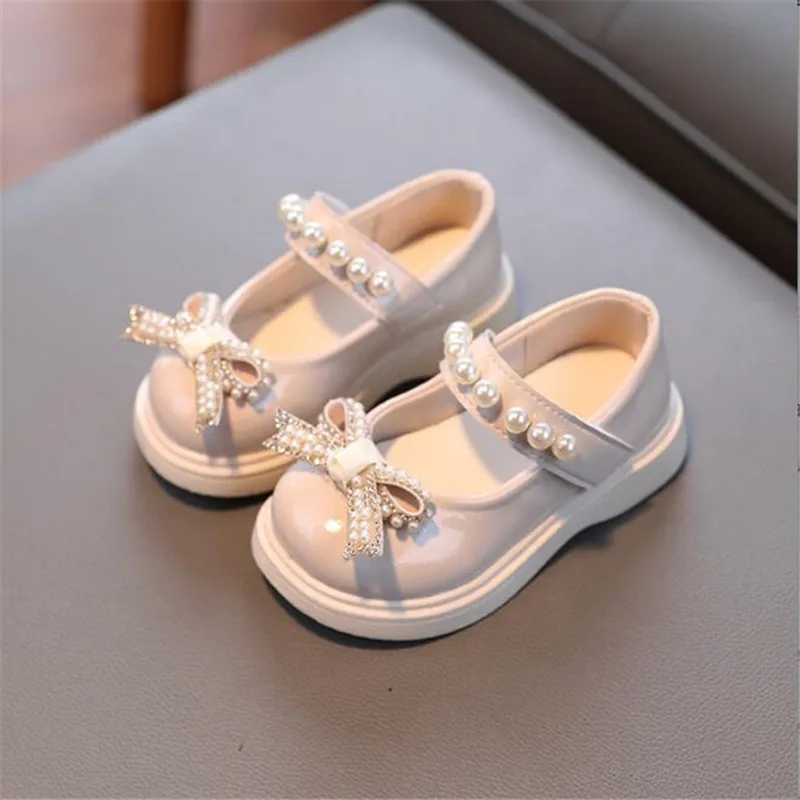 Zapatos de cuero de princesa para niñas, zapatos planos de lentejuelas de fondo suave, zapatos de boda para bebés con perlas