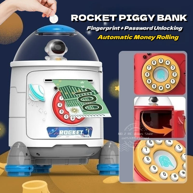 Intelligence Cash Money Box Fingerprint Piggy Bank Rocket ATM For Children Digital Coins Cash Saving Safe Deposit Toys Kids Gift