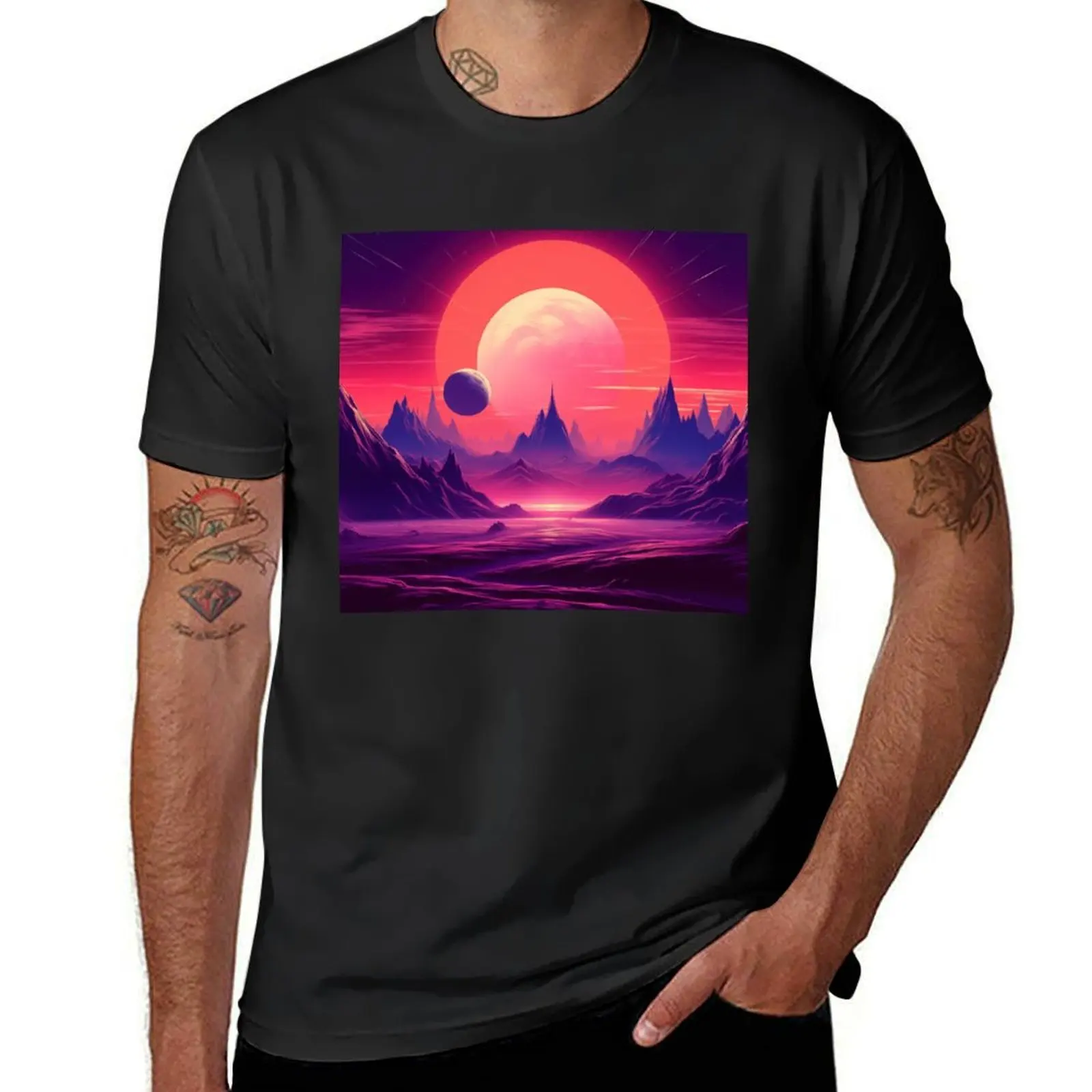 Synthwave Outer Space: Ethereal Synthwave Planet T-Shirt summer tops blanks Men's cotton t-shirt