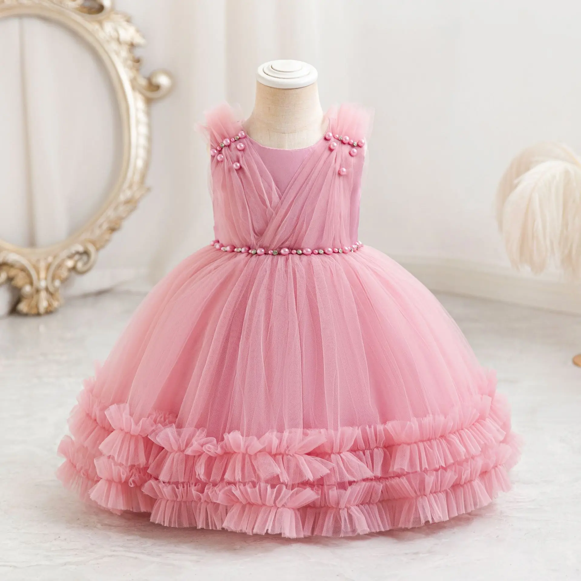 Baby Little Girls Beaded 3D Flower Girl Birthday Party Pageant Formal Dress TT118