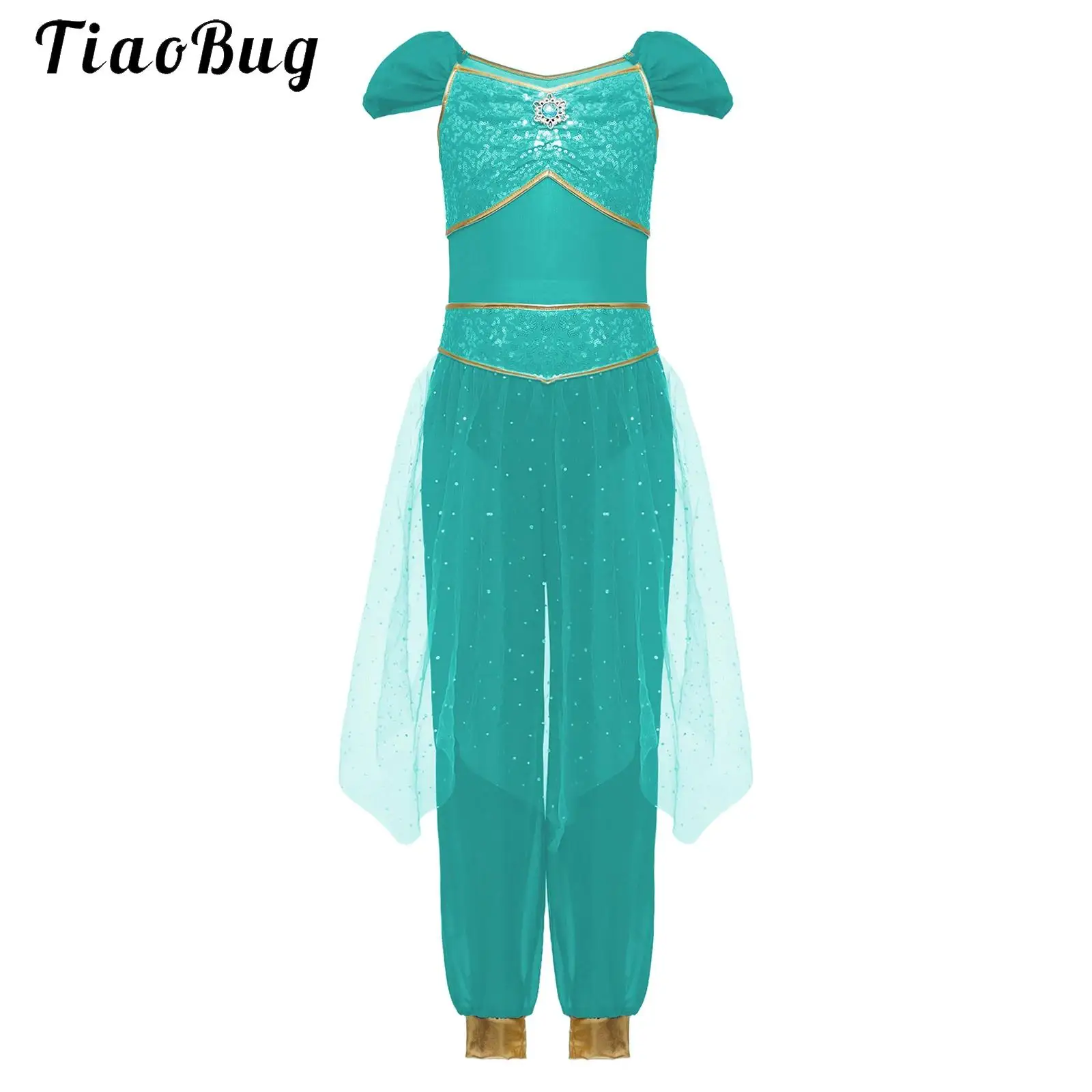 

Kids Girls Arabian Princess Costume Indian Belly Dance Jumpsuit Rhinestone Sequined Tulle Overlay Rompers Halloween Indian Dress