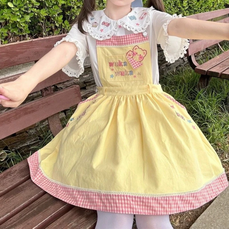 HOUZHOU White Cartoon Embroidery Shirts Women Kawaii Lolita Lace Short Sleeve Babydoll Top Cutecore Jk Japanese Loose Blouses