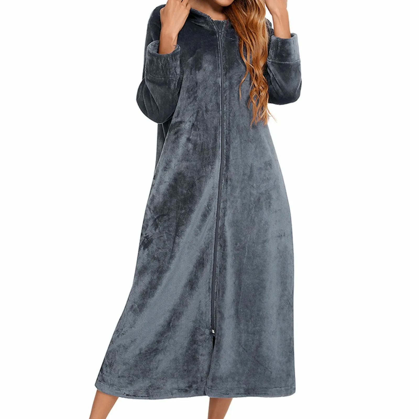 Winter Long Fleece Bathrobes Sleepwear Women\'s New Solid Color Zipper Bath Robe Dressing Gown Autumn Warm Hooded Home Wear