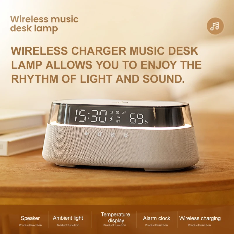 COLSUR S39 Bluetooth Speaker Stereo 1800mAh Battery Supports 15W Wireless Charging Digital Clock Display Night Light Desk Lamp