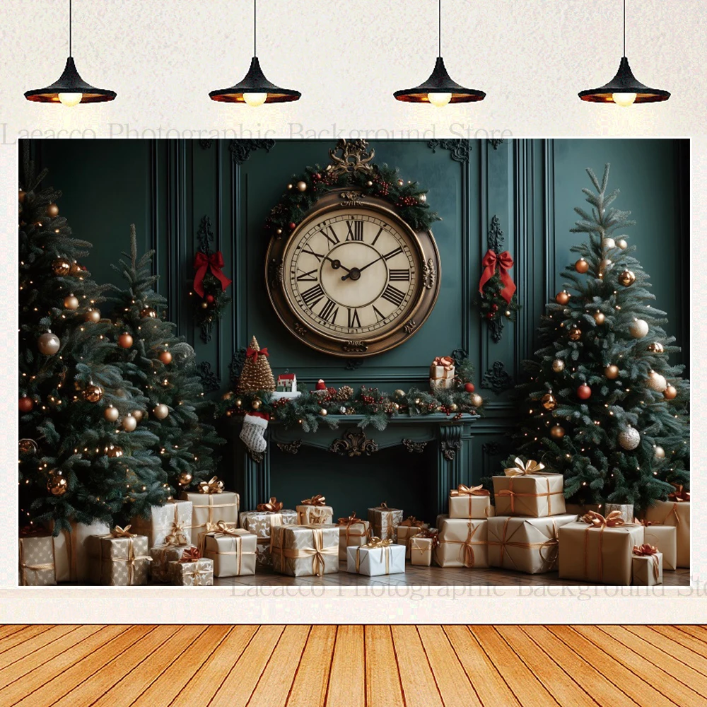 Christmas Clock Vintage Background Photography Green Indoor Green Xmas Tree Gift New Year's Eve Party Backdrop Photo Studio Prop