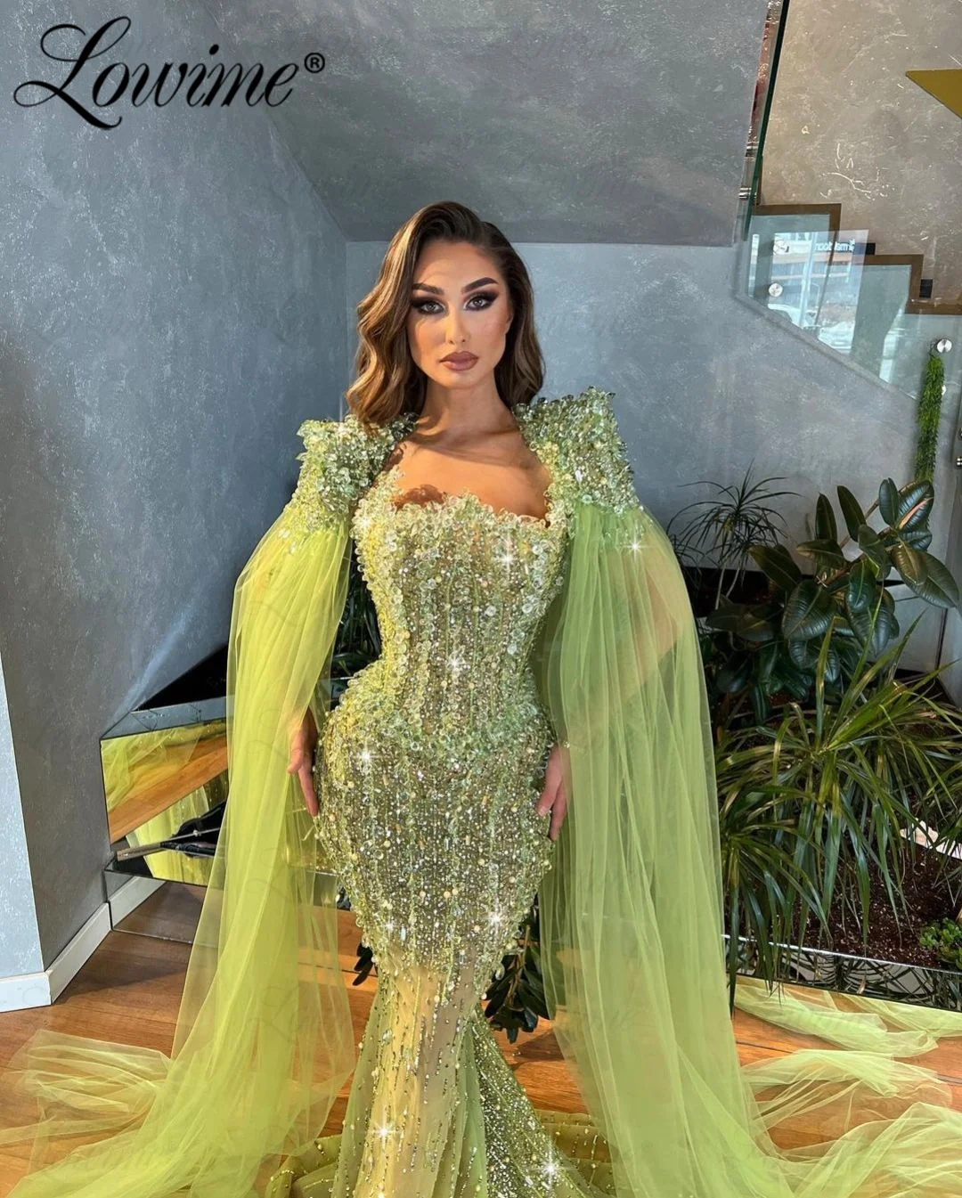 Sparkly Heavy Crystals Green Celebrity Dresses Beads Sequined Mermaid Party Dress Arabic Dubai Evening Dresses 2023 Customized