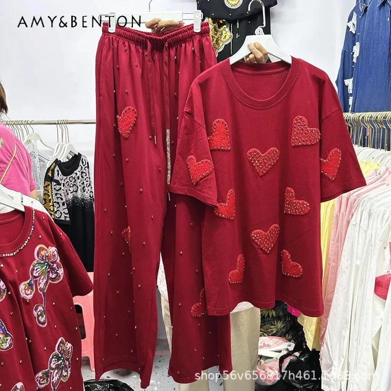 重工業風ダイヤモンド付きハート柄ルーズ半袖Tシャツトップスと伸縮性ウエストワイドレッグロングパンツのツーピースセット（女性用）
