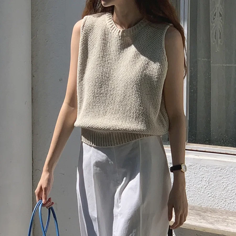 

Faionable Versatile Design Women's Knitted Hollow out Ice Silk Vest Loose Fit Summer Spring Thin Sle Casual Leisure Top