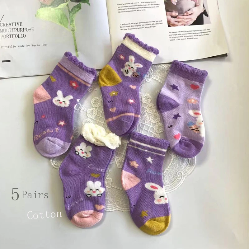 5 Pairs 1 To 12 Years Girls' Socks Spring Autumn Summer Cartoon Children's Cotton Socks Girls' Cute Princess Socks