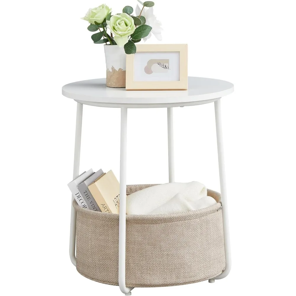 Small Round Side End Table, Modern Nightstand with Fabric Basket, Matte White and Camel Brown