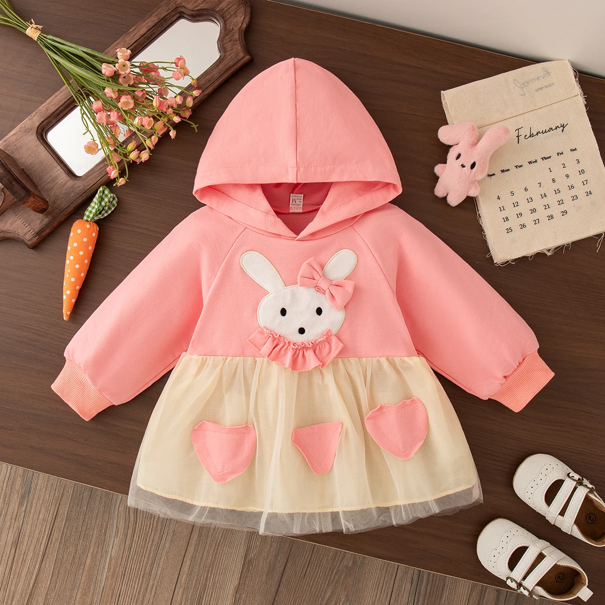 

Children's Top Spring and Autumn Girls' Cotton Card Rabbit Mesh Long Sleeve Hoodie Cute Baby Girl Butterfly Bow Casual T-Shirt