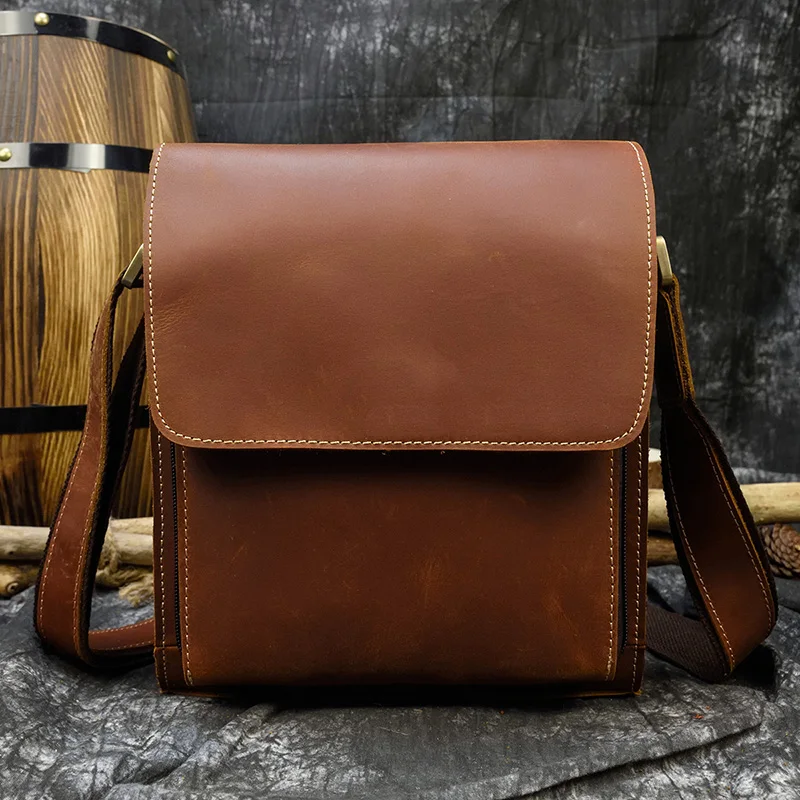 IPad Messenger Bag vintage de couro genuíno, bolsa de ombro grossa de couro de vaca masculina, pequena pasta casual