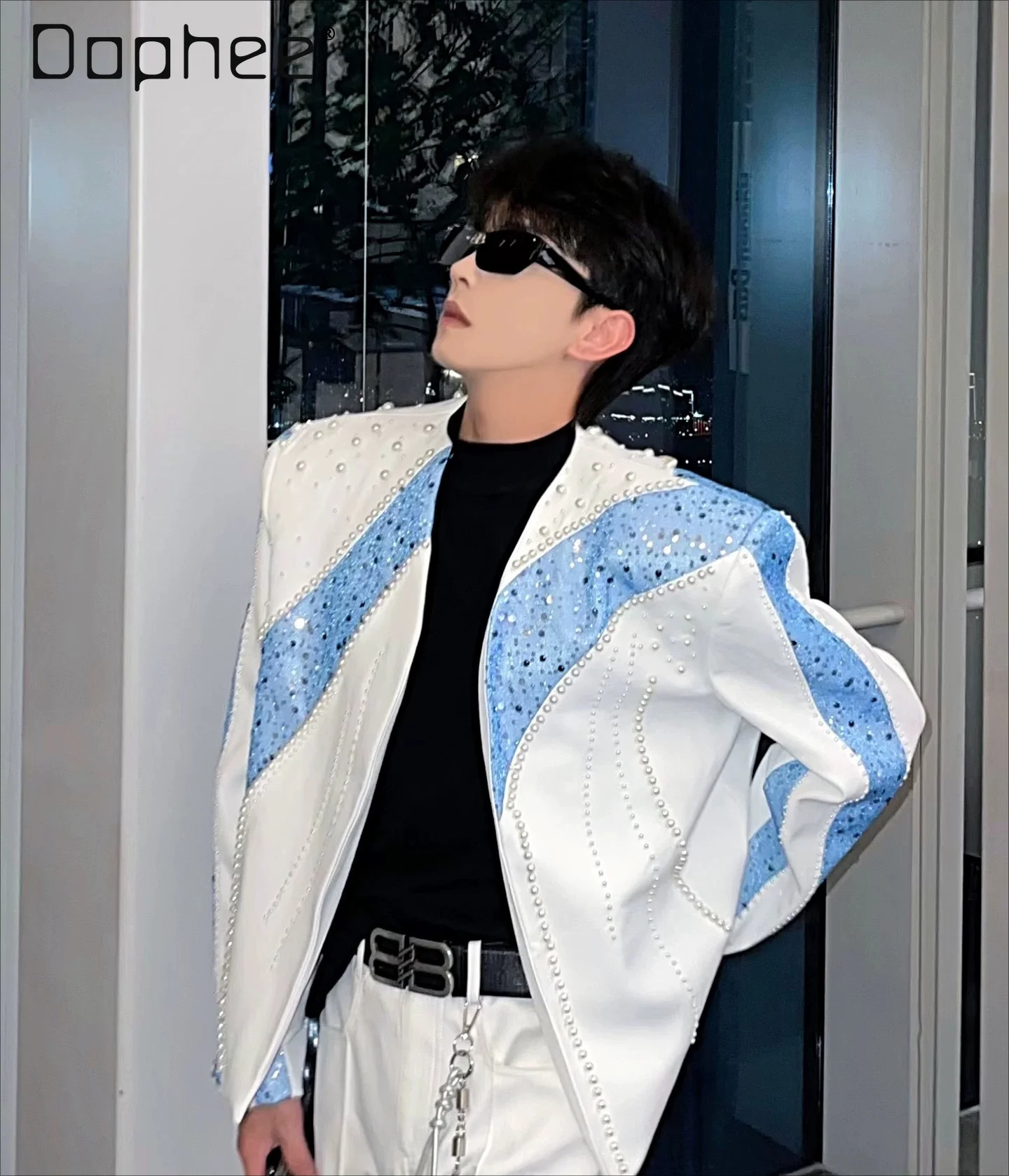 2026 Autumn American High Street Men's Perform Costume Jacket Sequin Pearl Beaded Loose Casual Business Short Blazers For Men