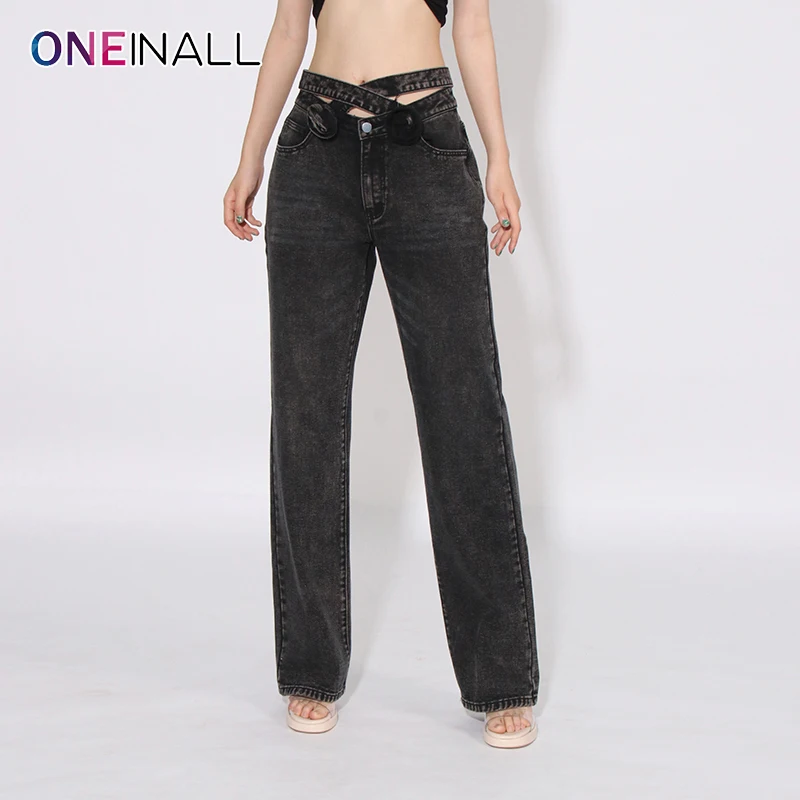 ONEINAL Patchwork Appliques Denim Trousers For Women High Waist Spliced Pockets Hollow Out Streetwear Straight Pants Female 2024