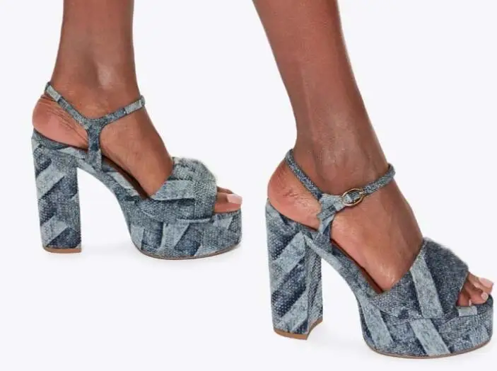 

Blue Khaki Denim Sequined Peep Toe Thick Sole Platform Chunky Heels Summer Sandals Women Fashion High Heel Banquet Evening Shoes