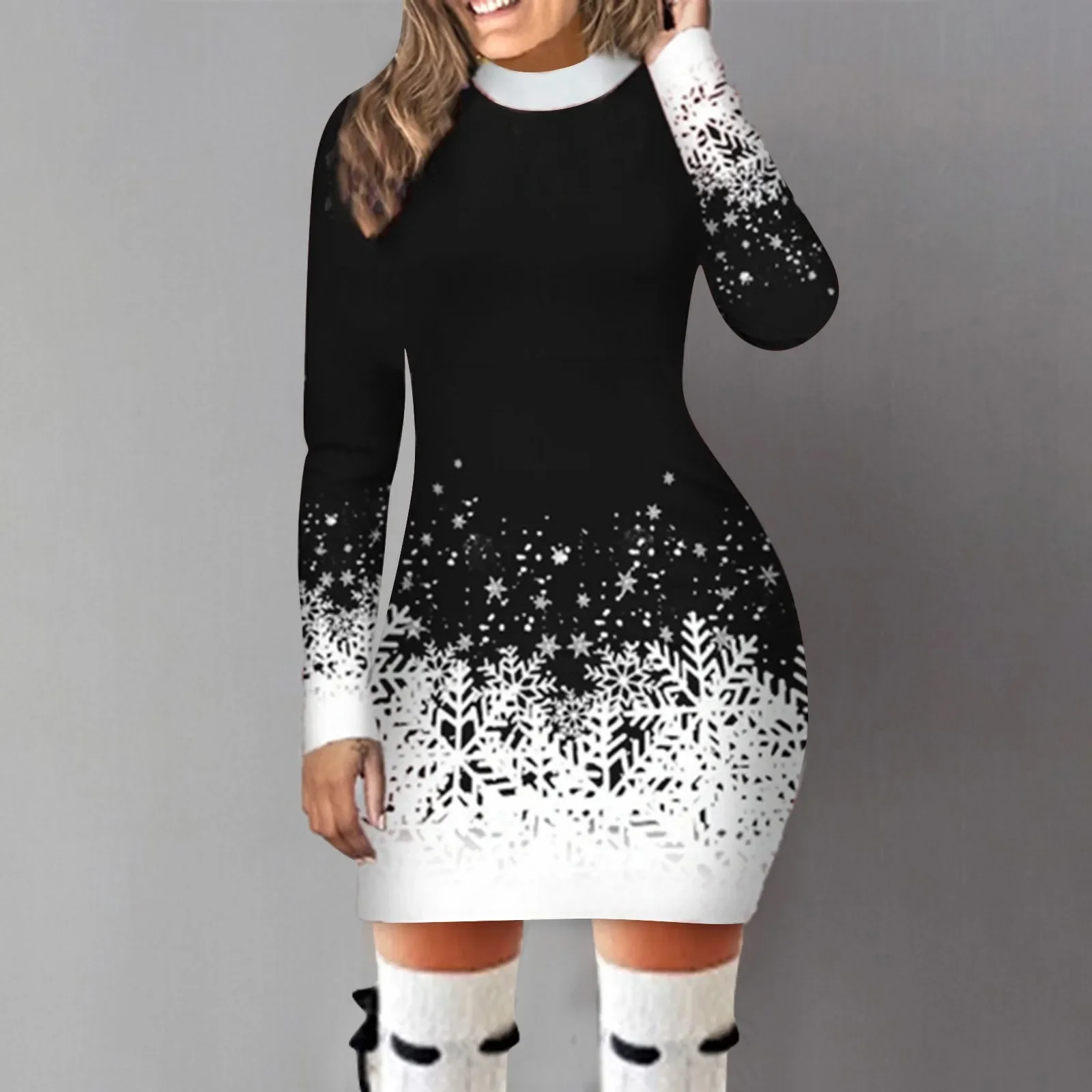 

Christmas Snowflake Printed Dress Women Clothing Long-sleeved Round Neck Xmas Party Bodycon Dress Elegant Casual Mini Dresses