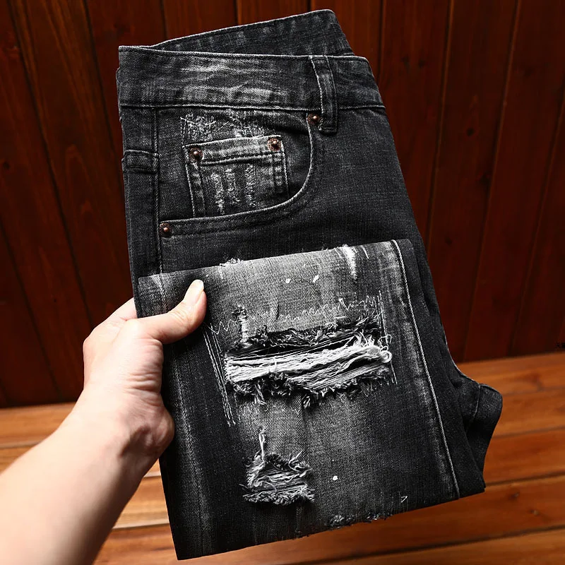 Street Motorfiets Heren Jeans2024new Slim Fit Voeten Stretch Hole & Patch Gepersonaliseerde Gewassen Volledig Bijpassende Lange Broek