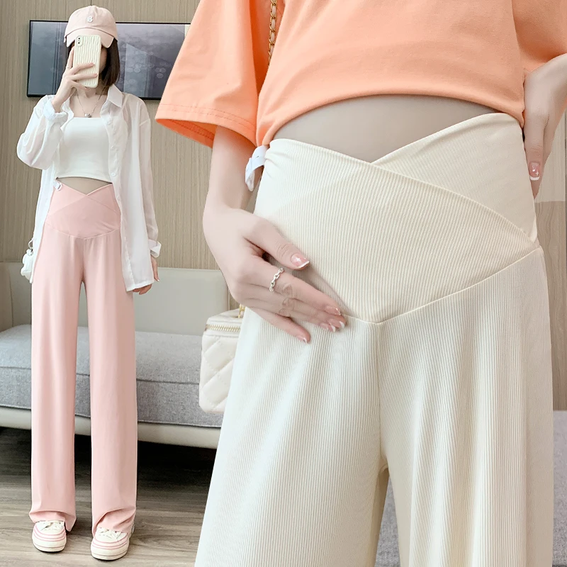 Maternity Woman Wide Leg Loose Straight Trousers Pants Casual Cool Thin Youth Pregnancy Trousers Low Waist Elastic First Pants