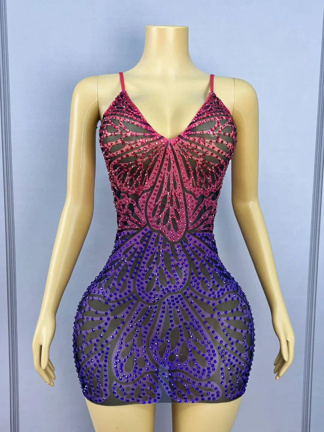 Huandie Sharon سعيد فساتين السهرة مثير شريط حزام منظور شبكة AB الماس أداء زي حفلة موسيقية كوكتيل رداء حفلات #6