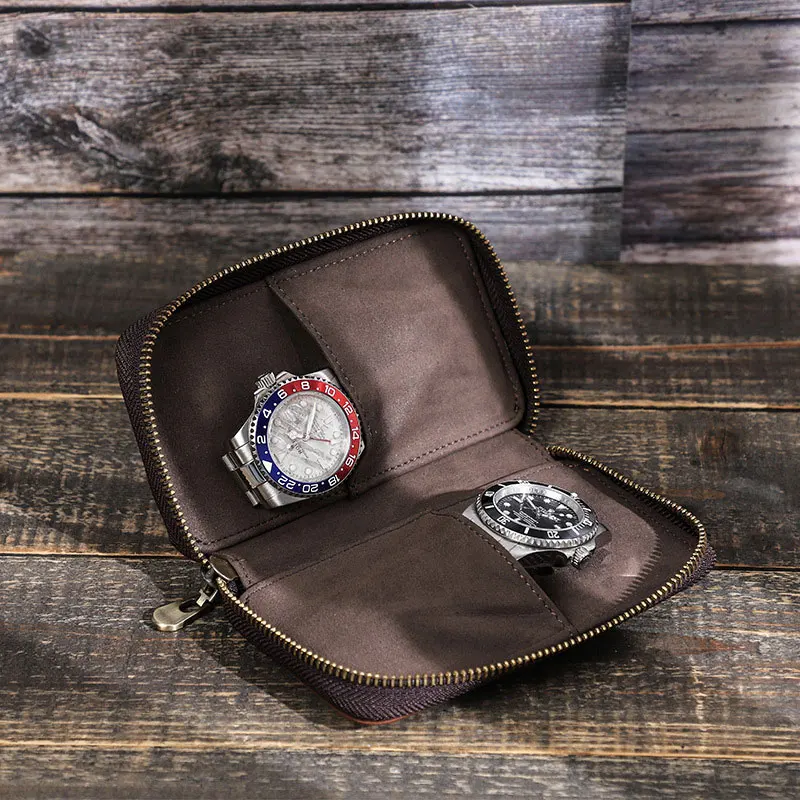 

Retro Crazy Horse Leather Single Watch Storage Case 2 Watch Strap Slots Organizer Portable Travel Vintage Casket Zipper Bag