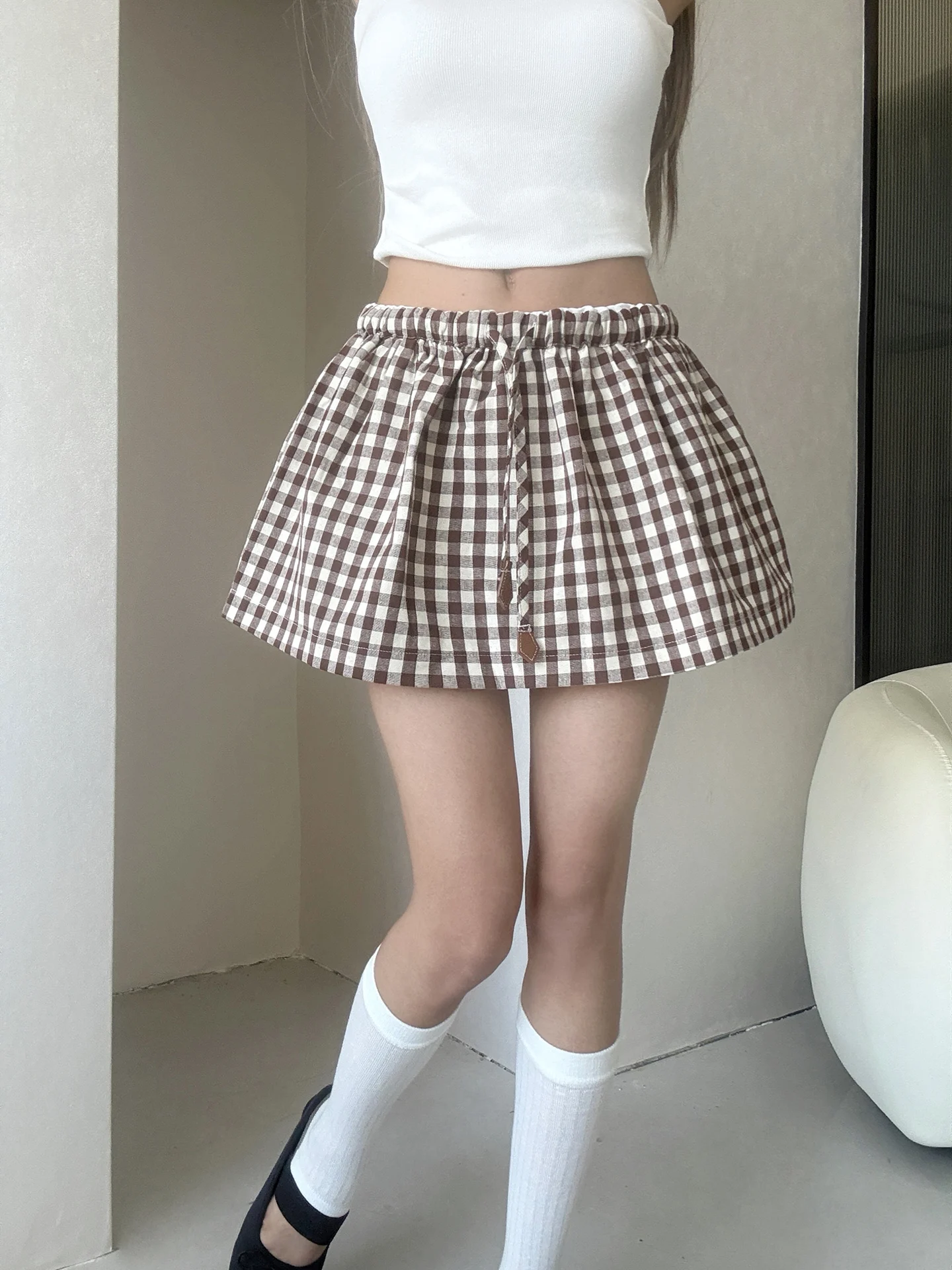 MianCun Sweet Cool Spicy Girl Plaid Bloom  Skirt Women's Summer New High Waist Slim A-Line Half-length Super Short Skirt