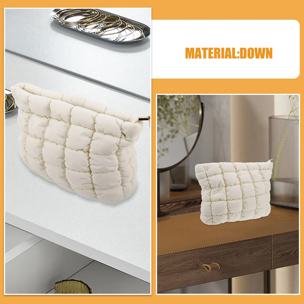 2Pcs Portable Puffer Bag Quilted Travel Makeup Organizer Soft Makeup Brush Lipstick Toiletries Pouch for Women