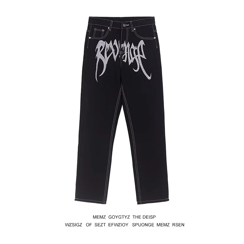 

Мужские джинсы в стиле ретро с вышитыми буквами, прямые, свободные, в стиле хип-хоп, черные, длинные брюки
