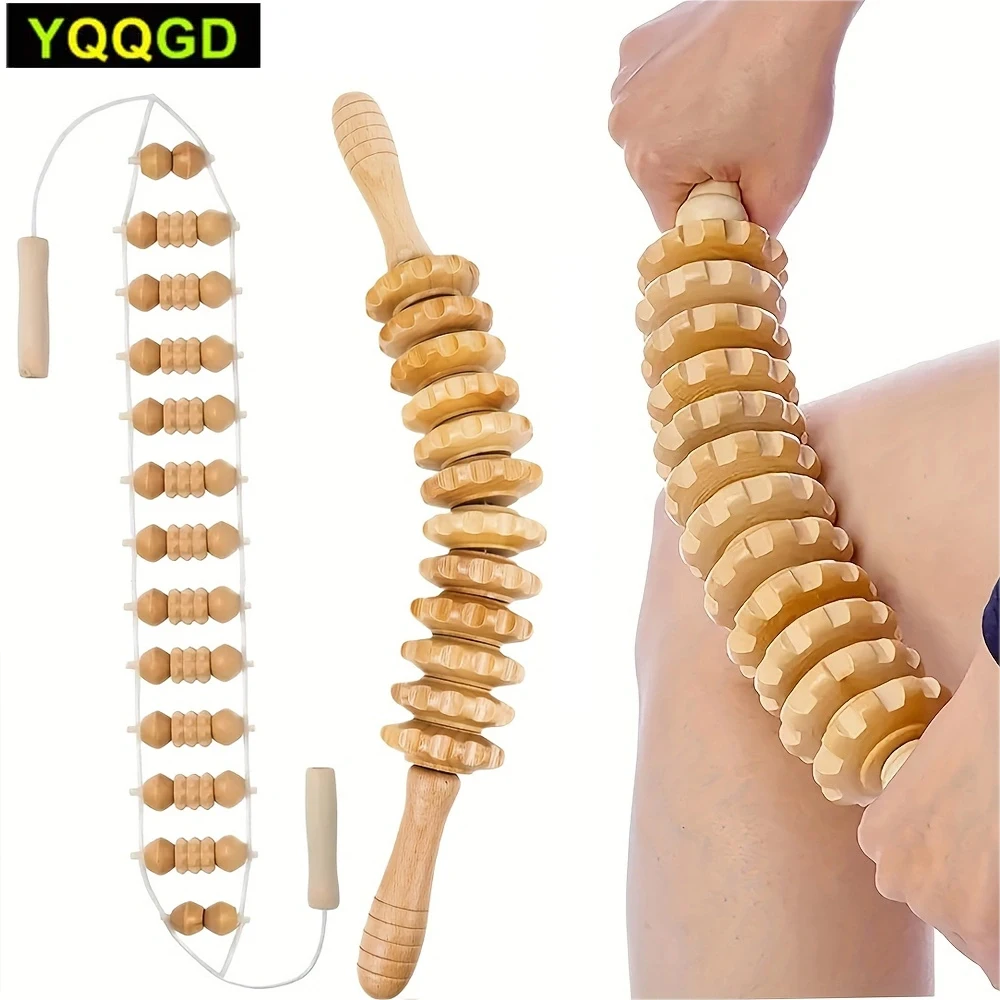 Wooden Massage Roller and Wood Back Massage Roller Rope,12 Rollers and 360° Turn Smoothly Curved Muscle Roller for Body Shaping