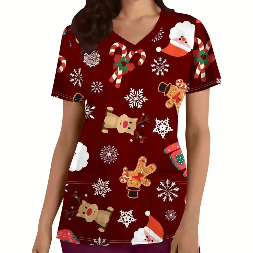 عيد الميلاد فرك الطبية امرأة الصيف الكرتون نمط طباعة الخامس الرقبة قصيرة الأكمام الملابس الطبية للنساء موضة ممرضة موحدة