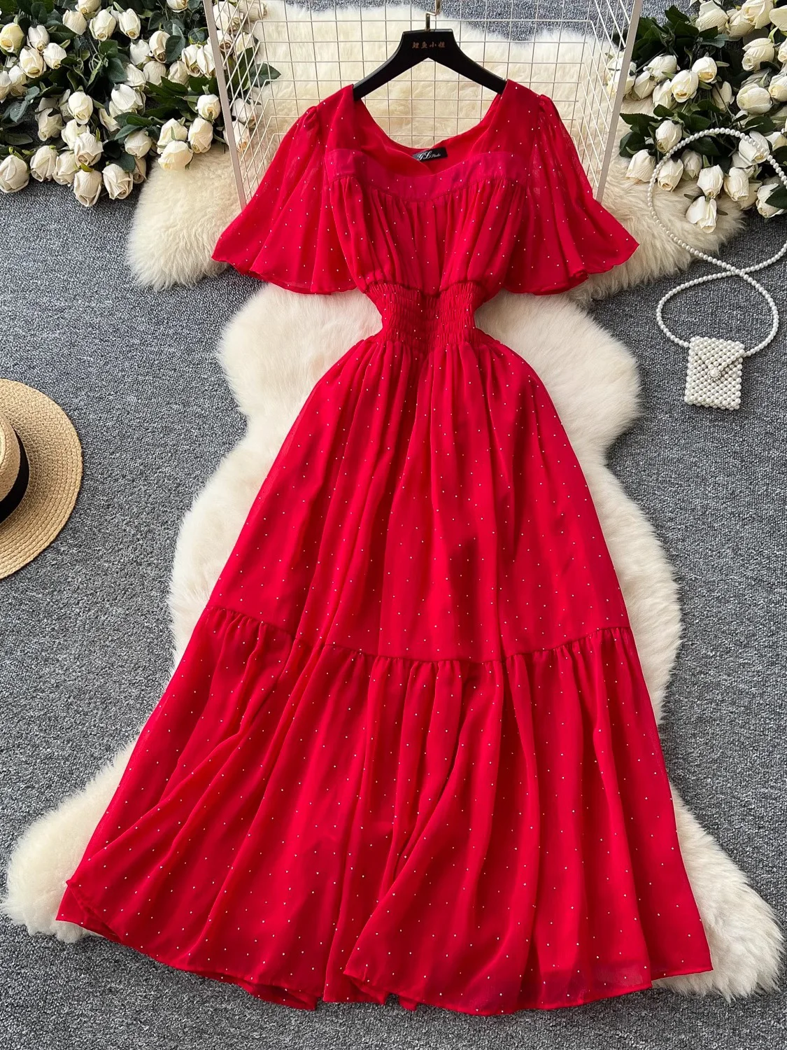 

Summer Vintage Women Polka Dot Chiffon Long Dress Elegant Square Collar Short Puff Sleeve High Waist A-Line Casual Maxi Robe New
