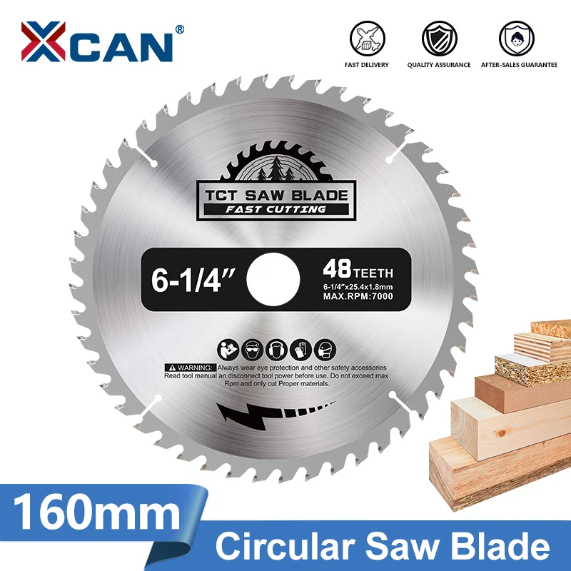 XCAN 1 Stück 6-1/4 Zoll 160 mm Kreissägeblatt 48T Hartmetall-Sägeblatt TCT Holzbearbeitungs-Schneidscheibe für Holz, Kunststoff, MDF