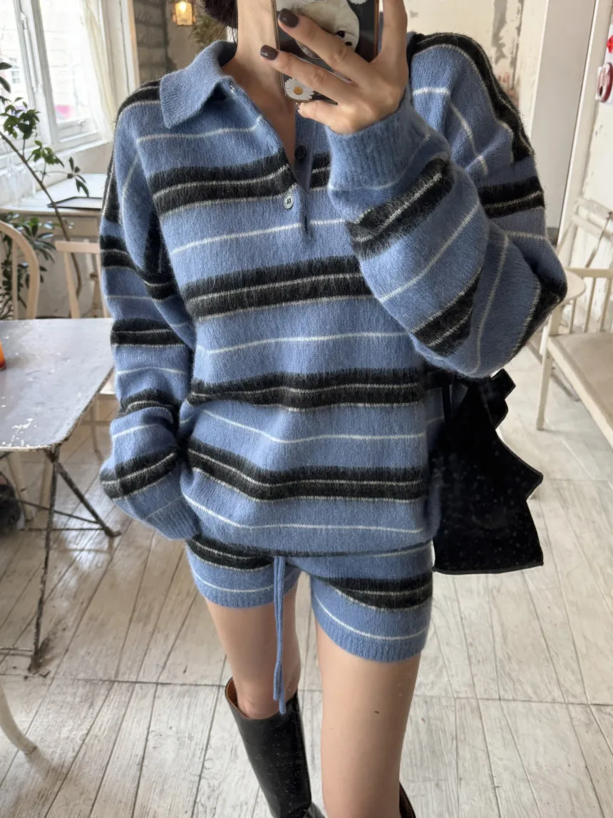 Pantaloncini lavorati a maglia in due pezzi autunno inverno da donna Set maglione ampio a maniche lunghe con colletto rovesciato + maglione con coulisse in vita