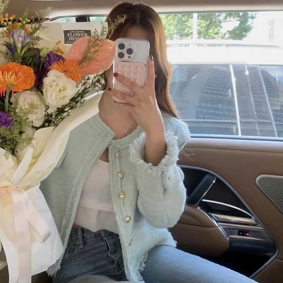 

Korean Sle round Ne Single Button Fringe Tweed ort Coat Autumn Winter Faion Ladies' Outerwear Polyester Fiber