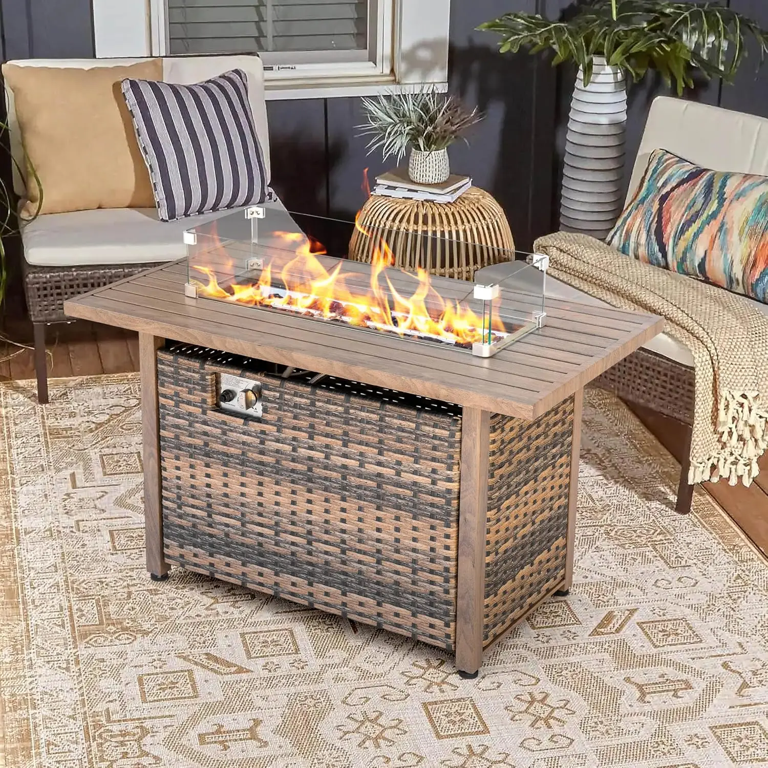 Backyard Patio Propane Fire Pit Table, Brown Color, 50000 BTU, CSA Listed, 2 in 1 with Lid and Glass Wind Guard