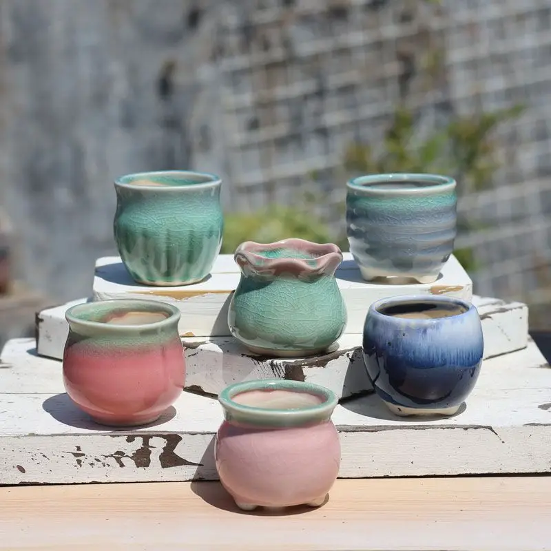 Succulent Ceramic Flowerpot with Ice Cracking and Flowing Glaze, Creative Desktop Breathable Decoration, Thumb Shaped Flowerpot